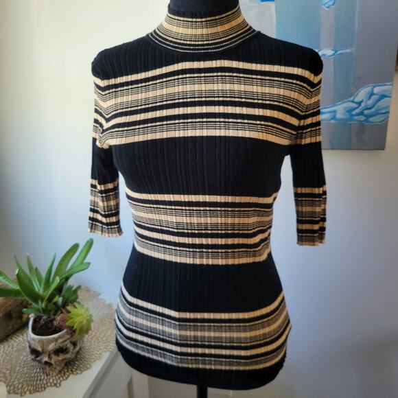 Tahari Tops - Y2K Tahari Stretch Top Black Gold Tan Textured Stripe | Size Large